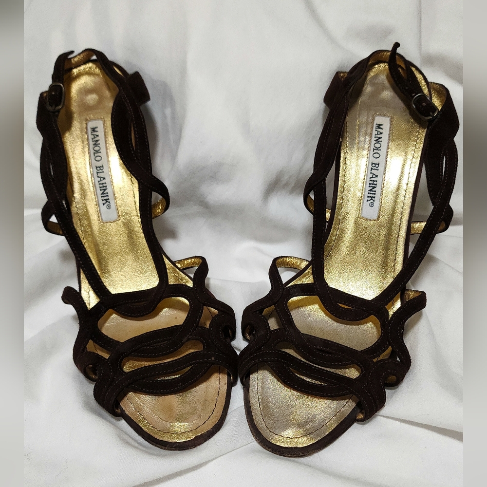 Manolo Blahnik strappy heels chocolate brown suede golden insole size 38/7.5